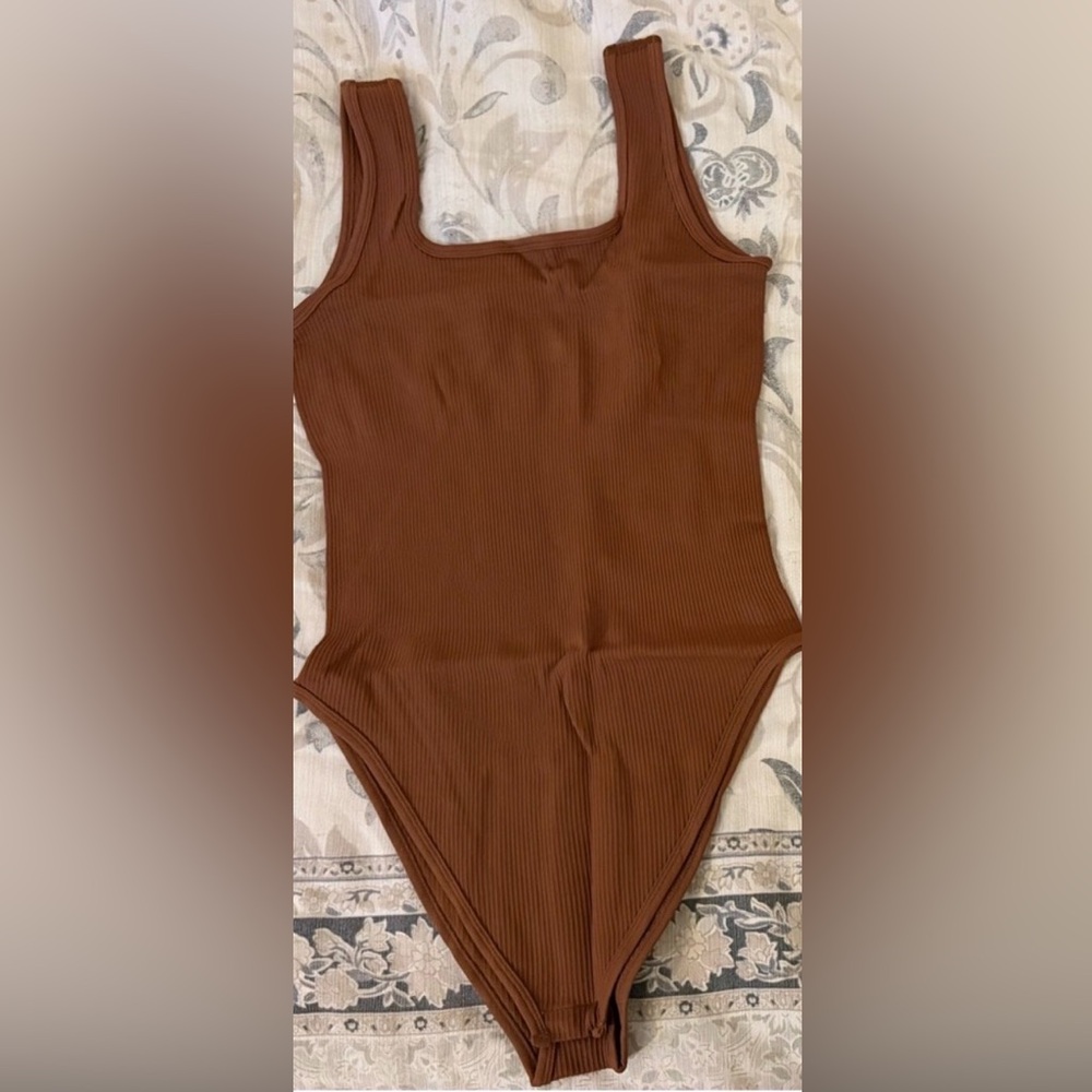 Brown Ribbed Square Neck Bodysuit Size Medium Stretch Sleeveless One Piece